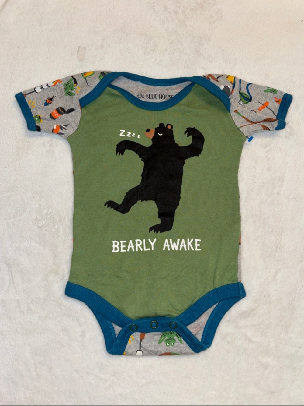 (2 for $10) little blue house Green 'Bearly Awake' camping One-Piece Bodysuit